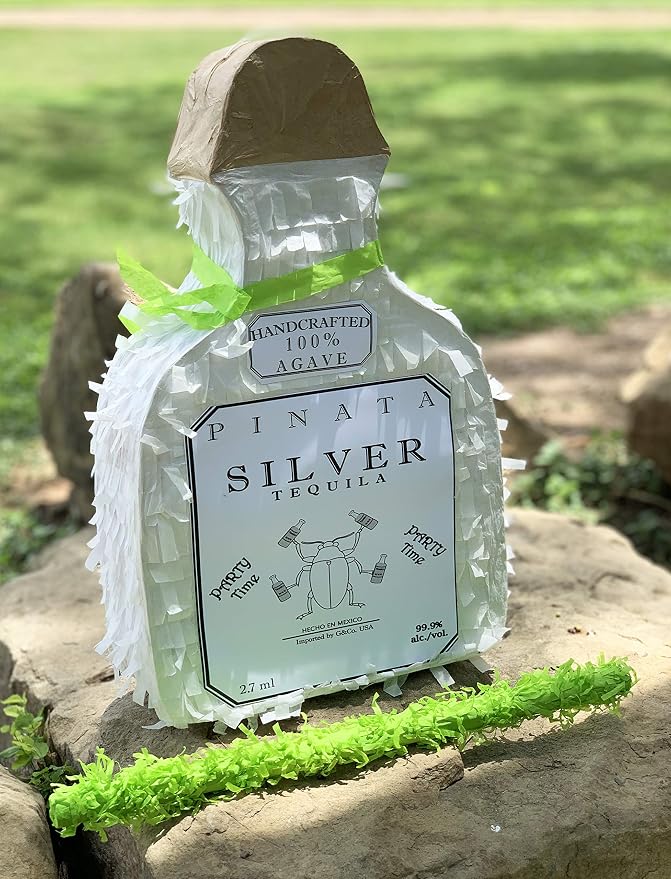 Jergrim White Tequila Bottle Piñata 4-piece set, 16x11x3 inches, Perfect for Party Decorations, Photo Prop, Cinco de Mayp, Birthday, Funny Anniversary, 21 birthday - Fits candy/favors