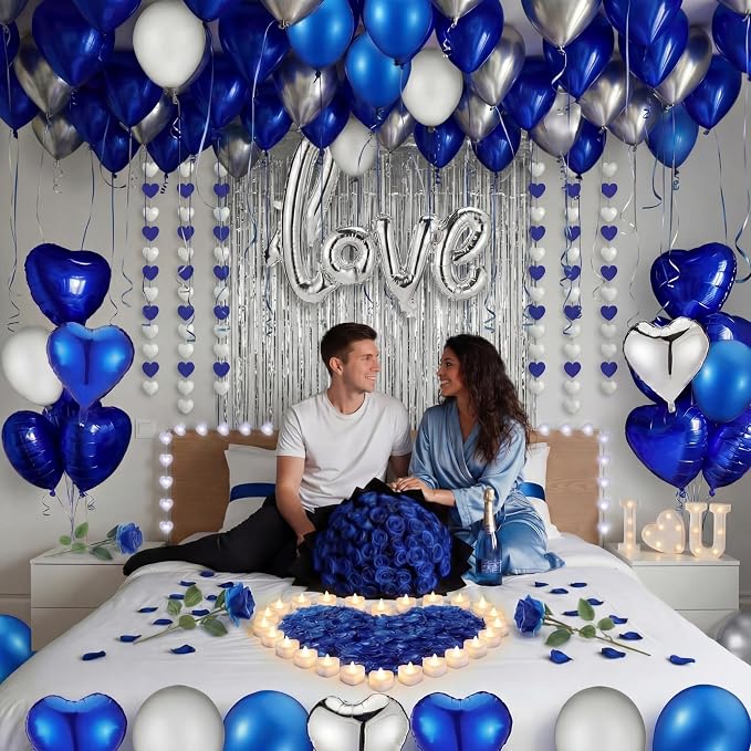Realspring Blue and Silver Balloons Hotel Room Decor for Special Night Happy Romantic Anniversary Decorations Artificial Rose Petals with Heart Lights Kit for Proposal Engagement Birthday