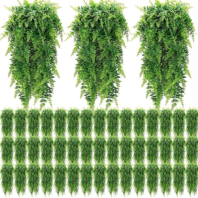 Geosar 80 Pcs Artificial Hanging Plants 32 Inch Hanging Boston Ferns Plastic Fake Plants for Wall Room Garden Wedding Garland Indoor Outdoor Decoration, No Basket