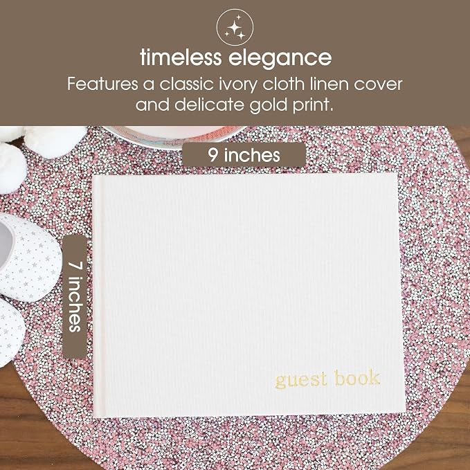 Pearhead Linen Guest Book, Ivory with Gold Script, Gender Neutral Event Keepsake, Graduation, Baby Shower or Wedding Bridal Shower Party Sign-In Book, 100 Blank Pages, 7 x 9