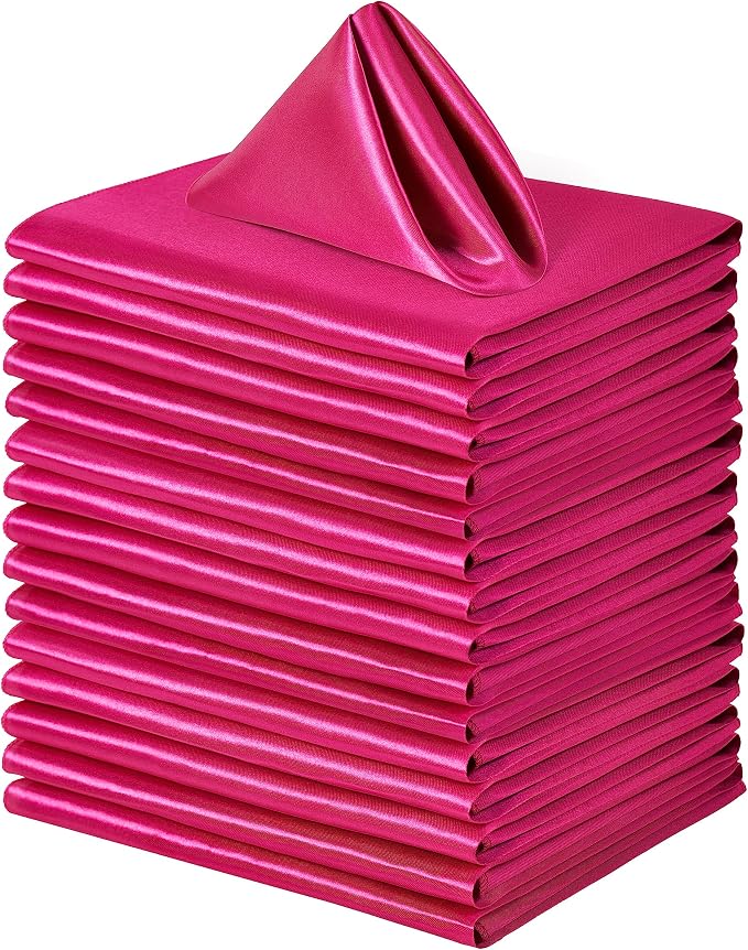 24 Pack Square Satin Dinner Napkins, 17x17 Inches Silky Soft Smooth Table Cloth Napkins for Restaurant Weddings Banquet Party Decoration, Rose Red