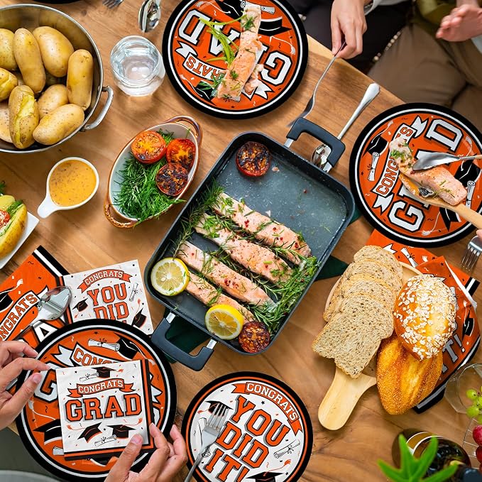 Graduation Party Supplies Dinnerware Set orange Disposable dinner paper plates dessert paper plates and Napkins for Congrats Grad Party Decorations, Serve 50