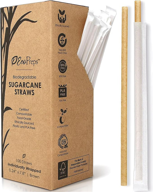 EcoPreps Biodegradable Sugarcane Straws, Plastic-Free Individually Wrapped Straws | 100 Count, 100% Compostable, Eco-Friendly Drinking Straw | 7.8” Sugar Fiber Disposable Straw, Packed in Paper Wrap