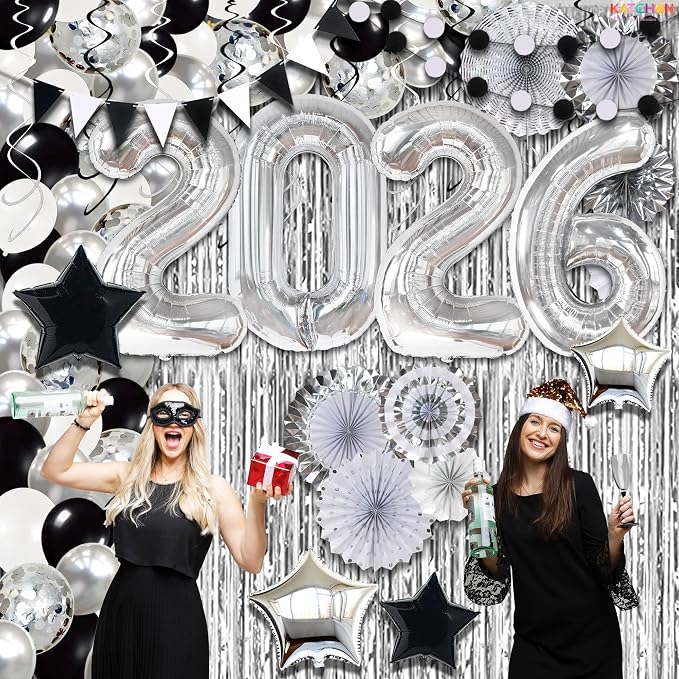 KatchOn, Huge New Years Eve Party Supplies 2026 - Huge Pack of 154 | Silver Fringe Backdrop | 2026 Balloons | Star Balloons For New Years Decorations 2026| NYE Decorations 2026 | New Year Party Decor