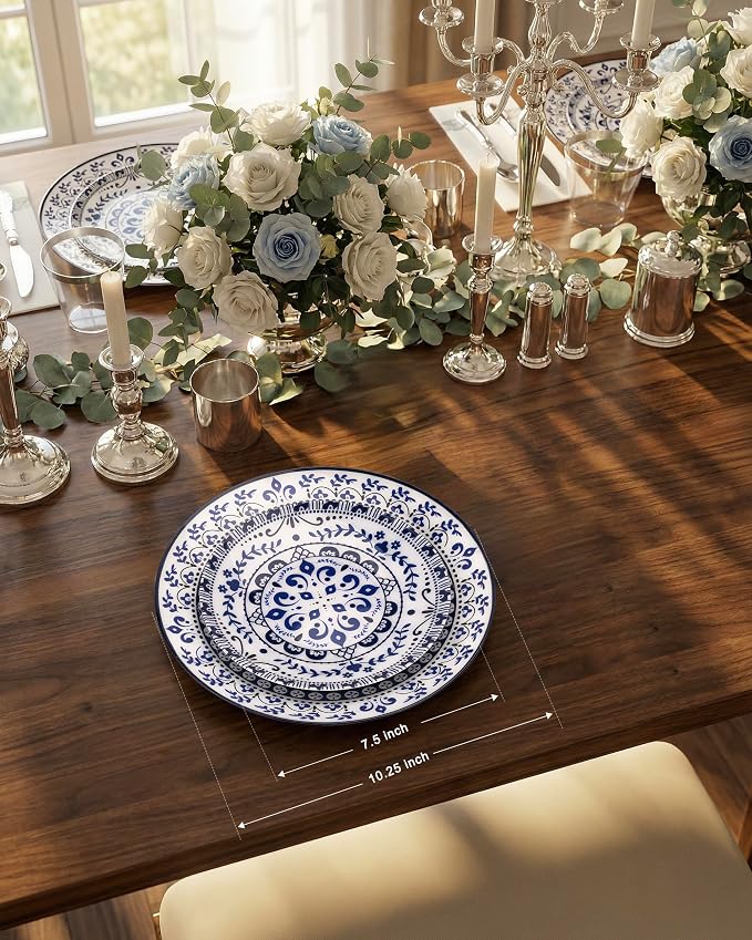Hioasis 60pcs Blue Plastic Plates Set - Floral Blue & White Porcelain Design, 10.25" Dinner & 7.5" Dessert Plates Disposable for Wedding & 4th ofJuly (Dishwasher Safe, Traditional Style)