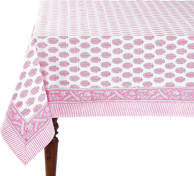 Ridhi Taffy Pink Hand Block Print Cotton Rectangle Tablecloth 160" x 72" inches Reusable Table Cover Decorative Everyday Use for Dining Room, Farmhouse, Home Gift for Spring, Mother's Day
