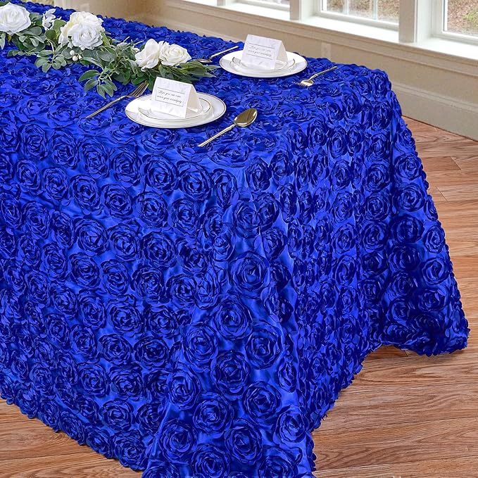 Fanqisi 90x132 Inches Navy Blue Rosettes Tablecloth 3D Floral Satin Rectangular Tablecloth for Party Wedding Baby Shower Event Table Decoration