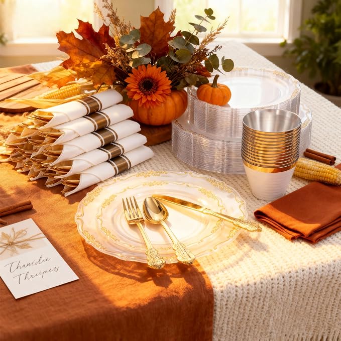 U-QE 175 Pieces Gold Plastic Plates and Napkins Party Supplies - Clear and Gold Dinnerware Set 25 Guest - 25 Dinner Plates, 25 Dessert Plates, 25 Per Rolled Napkins with Cutlery, 25 Cups 9 OZ