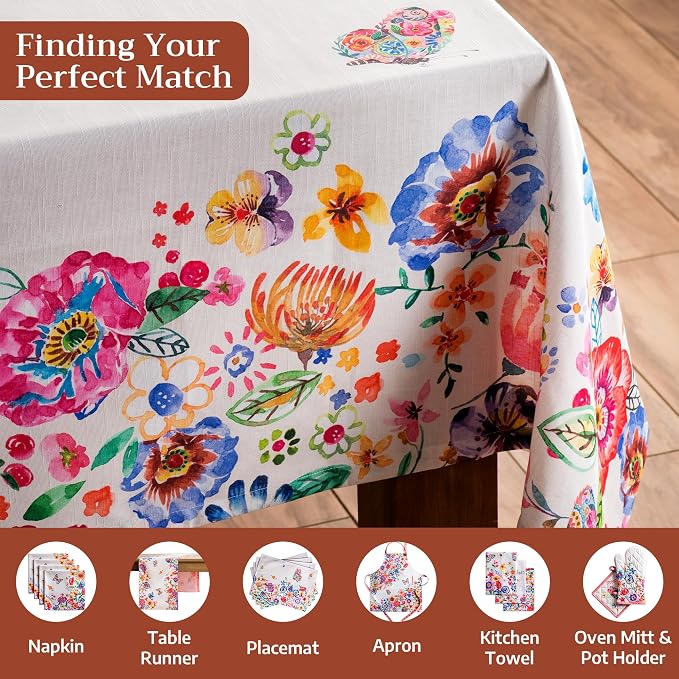 Maison d' Hermine Table Cloth Rectangle Table 100% Cotton 60 x 108 Inches Tablecloth Reusable Decorative for Dining Kitchen Room Farmhouse Party Home Hotel Spring Summer - Happy Florals - High Summer