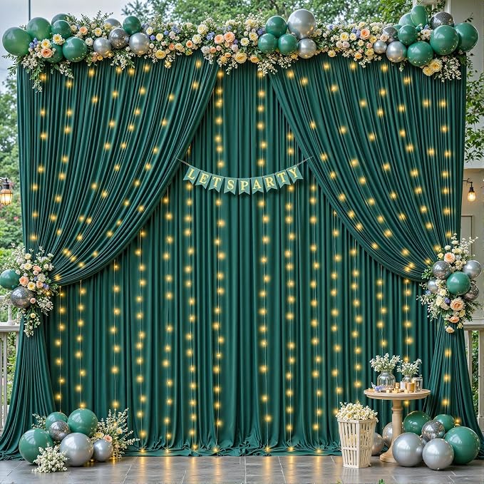 4 Panels Hunter Green Backdrop Curtains - Wrinkle Free Fabric Backdrop for Photoshoot, 10FT Wedding Party Photo Backdrop Drapes for Birthday Baby Shower Photography Stage Background Decorations
