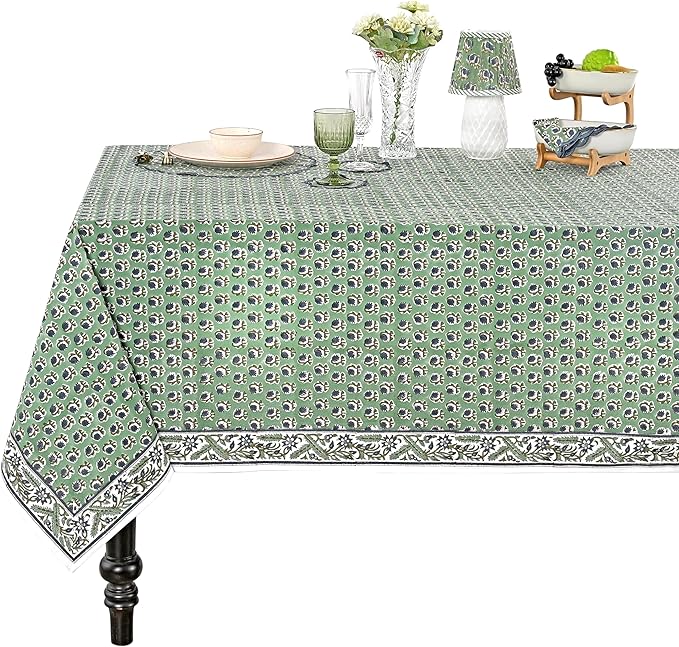 Ridhi Basil Green Hand Block Print Cotton Rectangle Tablecloth 140" x 72" inches Reusable Table Cover Decorative Everyday Use for Dining Room, Farmhouse, Home Gift for Spring, Mother's Day