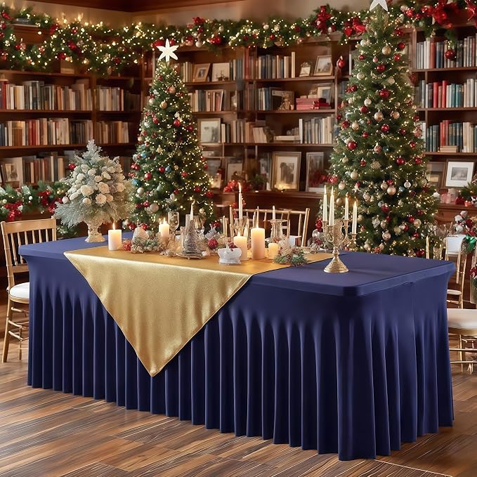 Wish Care 6 Pack Navy Blue Stretch Spandex Table Clothes for 4 Foot Rectangle Tables, 4FT Wrinkle Free Fitted Tablecloths Ruffles Design Table Cover for Party, Banquet, Wedding and Events