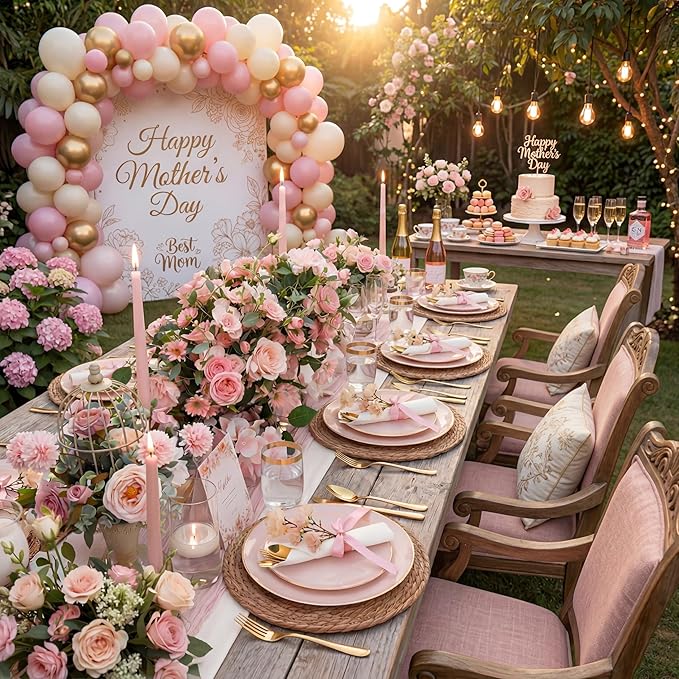 KIRE 350 PCS Pink Plastic Plates - Pink and Gold Disposable Dinnerware 50 Guest Include 50 Dinner Plate - 50Dessert Plate - 50Pre Rolled Napkins with Silverware for Mother's Day/Wedding/Baby Shower
