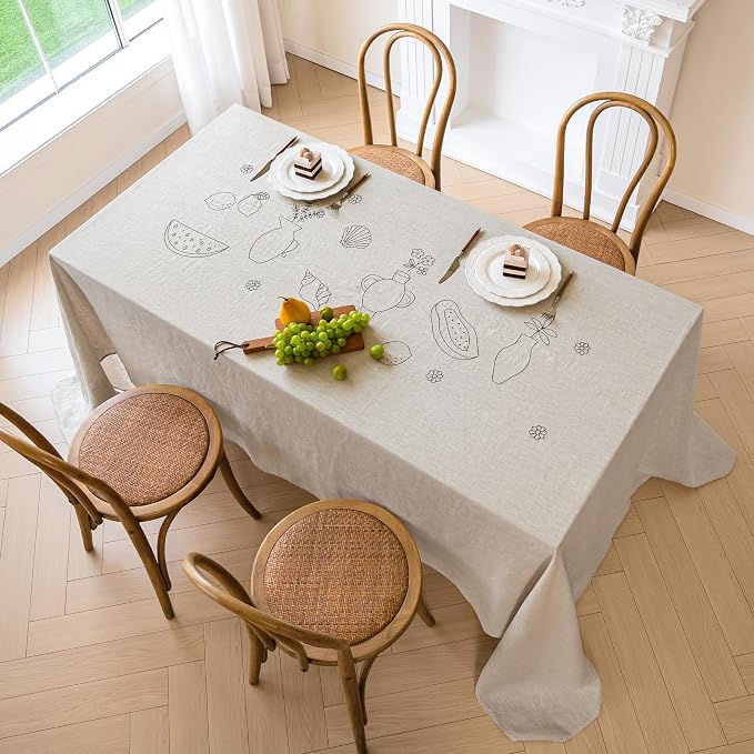 Linen World Embroidered Linen Tablecloth Large 70x157inch,100% French Linen Pre-Washed Table Cloth,Natural Flax Table Cover for Elegant Dining,Fruit Embroidery