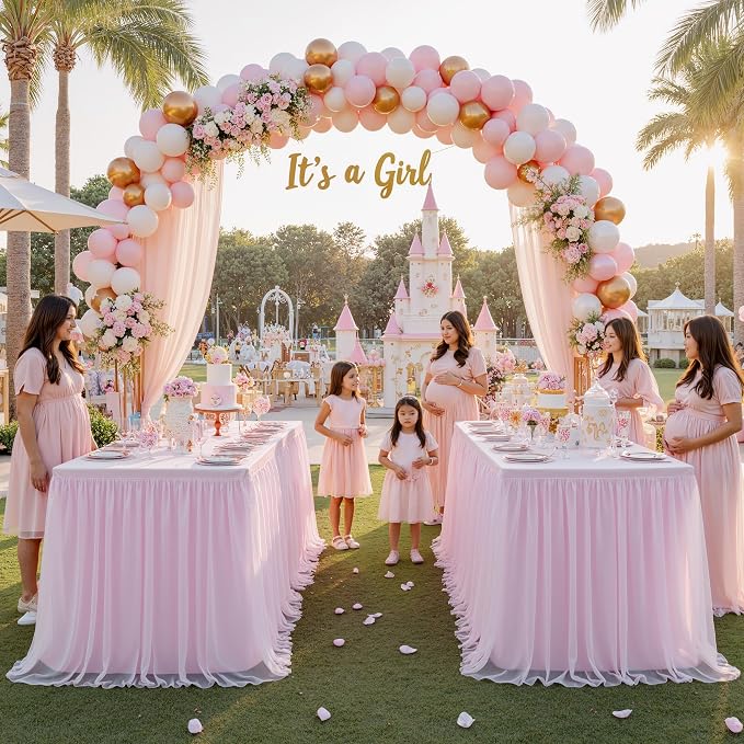 familus 8ft Pink Spandex Fitted Tablecloth with Tulle Table Skirt - 2-in-1 Structured Tutu Table Cover for Weddings, Trade Shows, Banquets & Sweetheart Tables