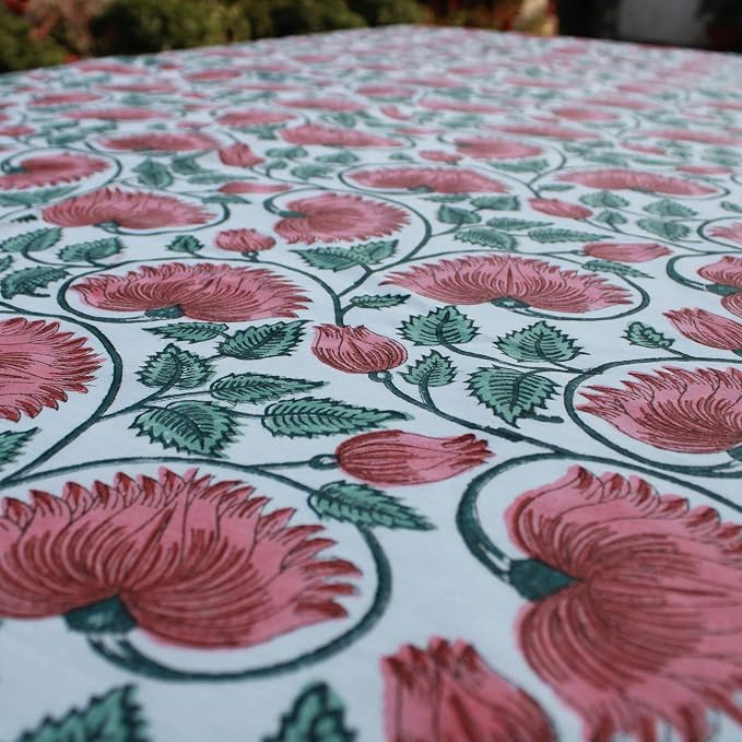 Ridhi Coral & Turquiose Green Hand Block Print Cotton Rectangle Tablecloth 102" x 48" inches Reusable Table Cover Decorative Everyday Use for Dining Room, Farmhouse, Home Gift for Spring, Mother's Day
