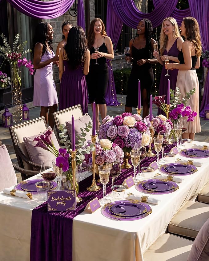 Nervure 350PCS Purple Plastic Plates - Disposable Purple Gold Party Plates & Pre Rolled Napkins with Cutlery for 50 Guests, 100Plates, 150 Silverware, 50 Cups, 50 Napkin for Wedding & Party & Bridal
