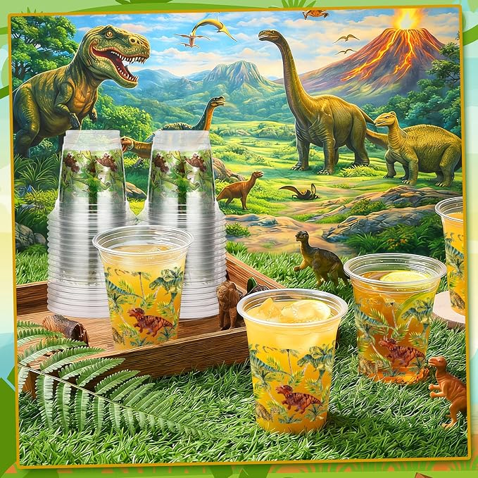 Geyoga 100 Pcs Dinosaur Plastic Cups 12 oz Dinosaur Disposable Drinking Cups Bulk Clear Dino Themed Tumbler for Dino Birthday Party Decoration