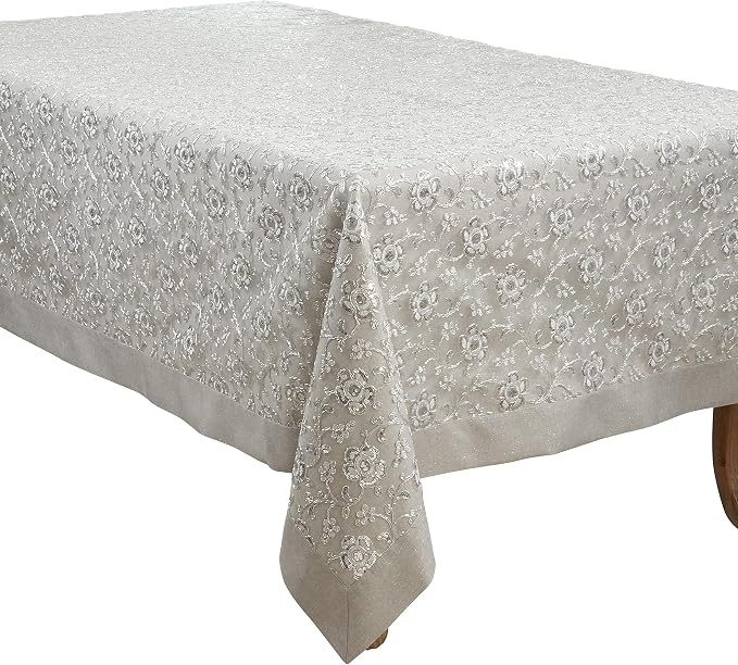SARO LIFESTYLE Floral Embroidered Tablecloth, Silver, 50"x70"