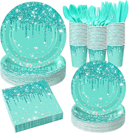 400 Pcs Teal and Silver Birthday Party Supplies Disposable Paper Plates Teal Glitter Diamonds Napkins and Cups for Women Birthday Anniversary Wedding Party Decorations Supplies