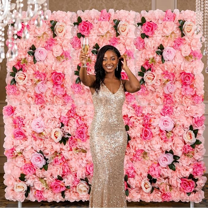 3D Flower Wall Backdrop 6 Pack, 24x16 Inch Soft Pink Artificial Rose Panels for Wedding, Party, Photo Studio, Home & Fence Decor
