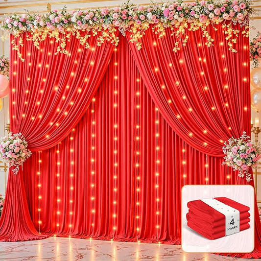 20 x 10 ft Red Backdrop Curtains with Lights String for Wedding Polyester Photo Backdrop Drapes Wrinkle Free Red Long Curtains for Birthday Parties Reception Baby Shower Ceremony-10 x 5ft x 4 Panels