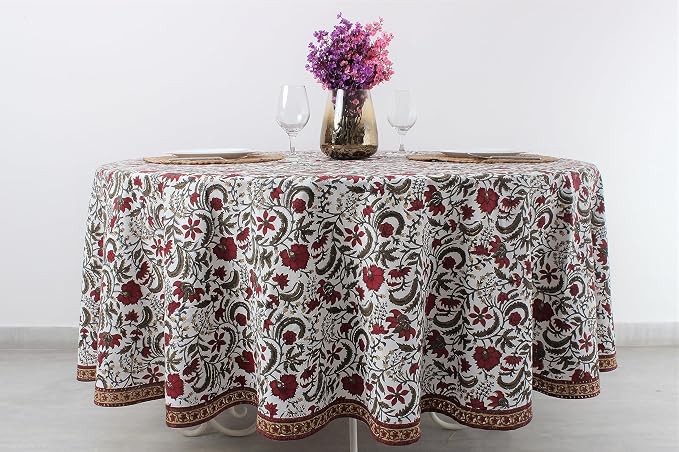 Ridhi Round Tablecloth Hand Block Print 100% Cotton Reusable Pickle Green 60 Inch Table Cover Decorative Everyday Use for Dining, Home, Party, Wedding, Farmhouse, Party Gift for Spring, Mother's Day