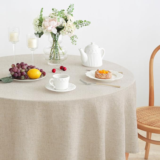 Linen World Round Linen Blend Tablecloth 90 Inch | Linen Look, Soft Cool & Breathable, Machine Washable, Natural, Dining Kitchen Outdoor Decorative