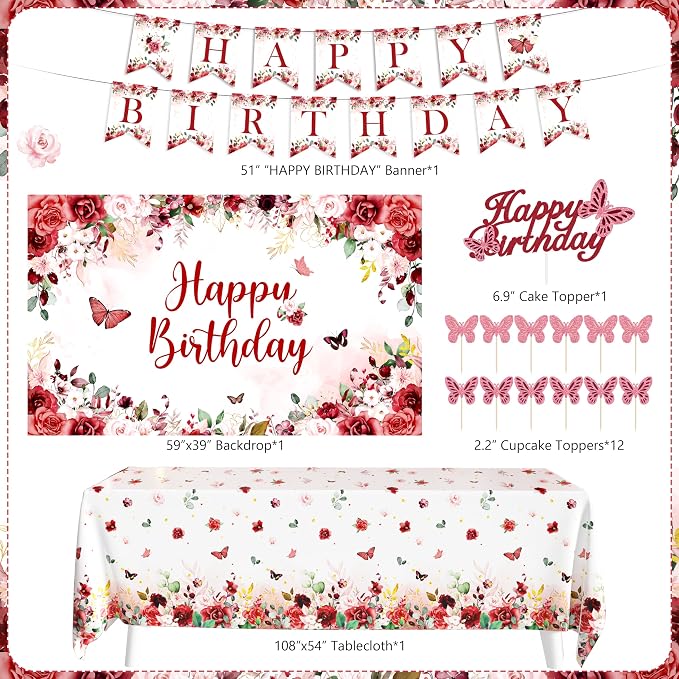 Burgundy Birthday Decorations for Women Girls, 144PCS Red and Rose Gold Party Supplies with Happy Birthday Banner & Backdrop, Tablecloth, 3D Butterfly Stickers, Balloon Arch Kit for Birthday Decor