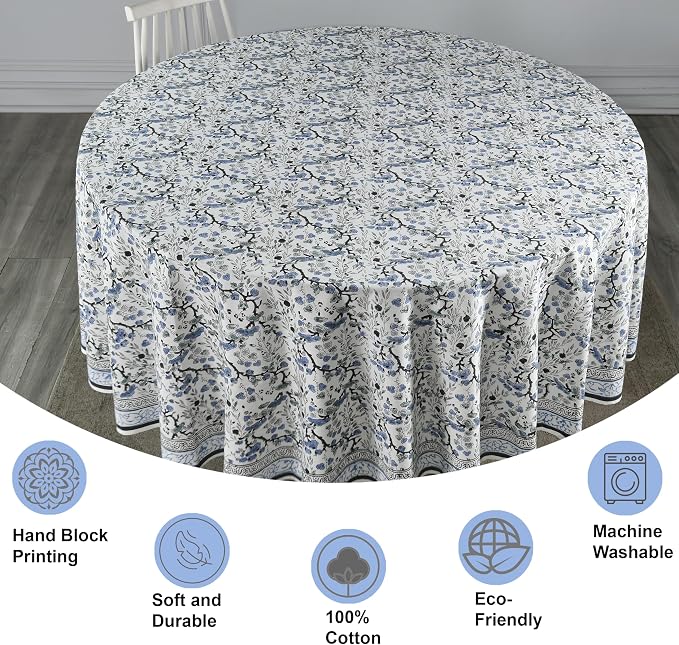 Ridhi Round Tablecloth Hand Block Print 100% Cotton Reusable Spruce Carolina Blue 60 Inch Table Cover Decorative Everyday Use for Dining, Home, Party, Wedding, Farmhouse Gift for Spring, Mother's Day