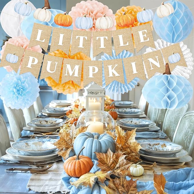 Kriyokiaa Little Pumpkin Baby Shower Decorations for Boy 14 Pcs Blue Fall Baby Shower Decorations with Little Pumpkin Banner, Tissue Pom-Poms, Paper Fan for It's a Boy Party