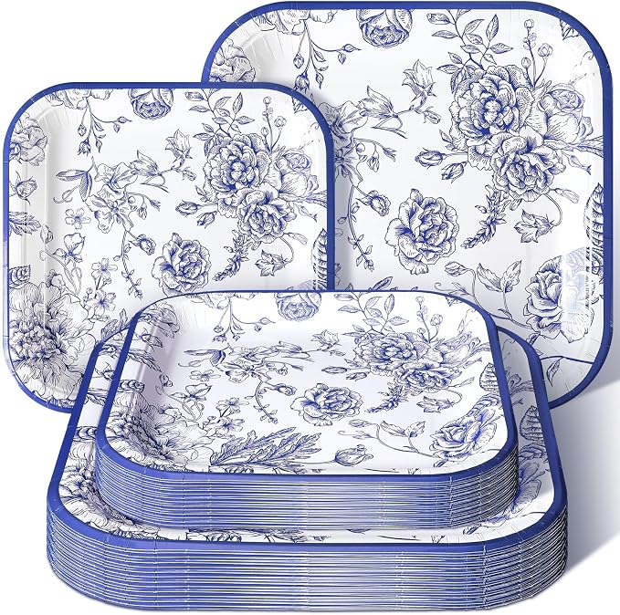 Umigy 100 Pcs Paper Plates Flower Dinner 9'' Floral Disposable Paper Plates 7'' Square Dessert Set for Dinner Birthday Wedding Baby Shower Party Tableware(Blue,Flower)