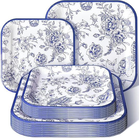 Umigy 100 Pcs Paper Plates Flower Dinner 9'' Floral Disposable Paper Plates 7'' Square Dessert Set for Dinner Birthday Wedding Baby Shower Party Tableware(Blue,Flower)