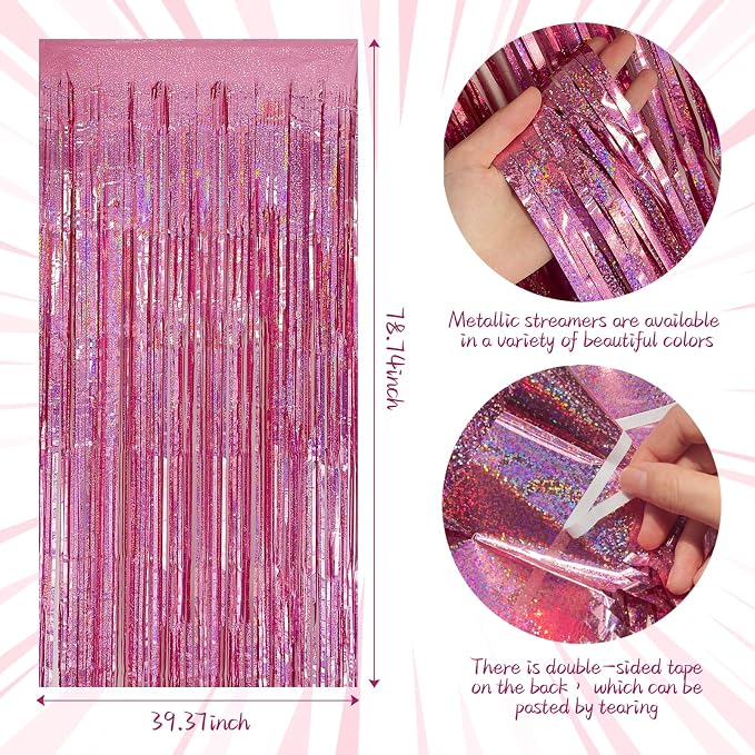 Tinsel Curtain Party Backdrop Pink Birthday Party Decorations 10 Packs Glitter Foil Fringe Curtain Party Decor Streamers Photo Booth for Birthday Christmas Wedding Halloween Graduation Decorations