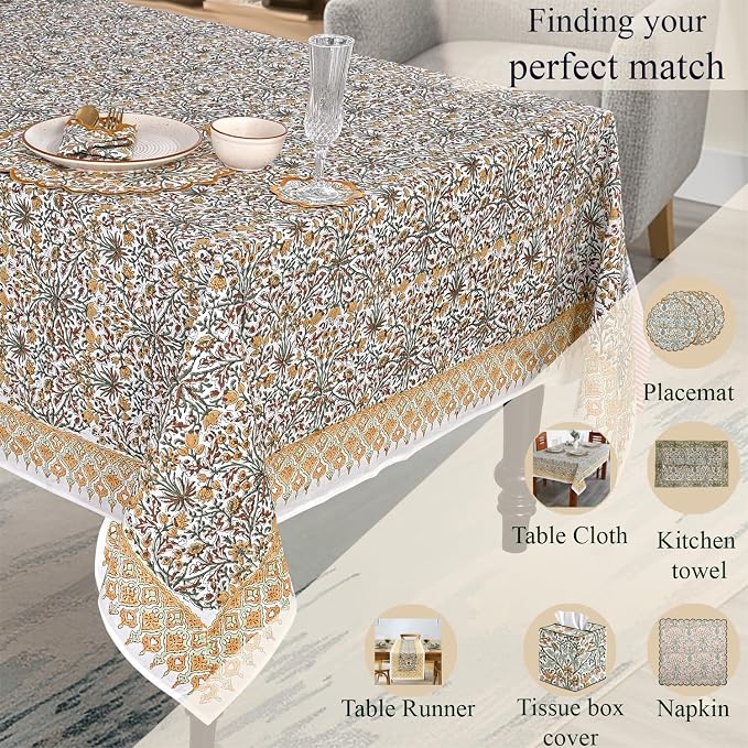Ridhi Goldenrod Yellow Hand Block Print Cotton Rectangle Tablecloth 90" x 60" inches Reusable Table Cover Decorative Everyday Use for Dining Room, Farmhouse, Home Gift for Spring, Mother's Day
