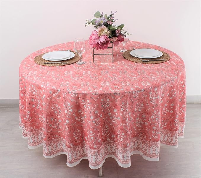 Ridhi Round Tablecloth Hand Block Print 100% Cotton Reusable Sweet Pink 60 Inch Table Cover Decorative Everyday Use for Dining, Home, Party, Wedding, Farmhouse, Party Gift for Spring, Mother's Day