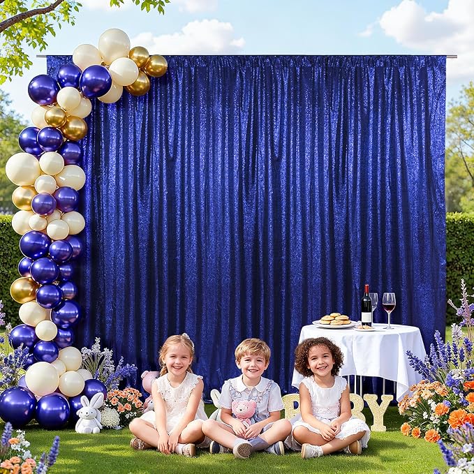 SquarePie 10x10ft Navy Blue Sequin Backdrop for Photography, Satin-Backed Real Sequin Curtain, Enhanced Coverage Shimmering Background with 4" Rod Pocket for Wedding, Birthday, Party Decor, 1 Panel