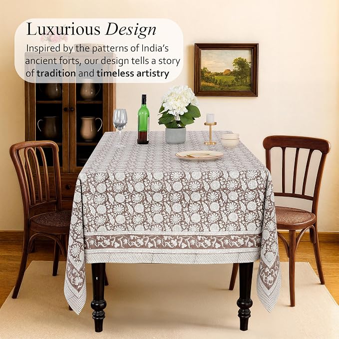 CPC Rustic Brown Tablecloth 100% Cotton 72x140 Inch Indian Block Print Rectangle Table Cover, Table Cloth for Gifting in Weddings, Halloween, Fall, Christmas, Thanksgiving