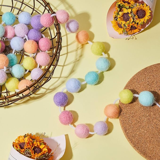 WILLBOND 2 Pieces Wool Felt Rainbow Ball Garland Colorful Pom Pom 6.5 ft Long 24 Ball Garland for Easter Mardi Gras Classroom Halloween Thanksgiving Xmas (Multiple Colors)
