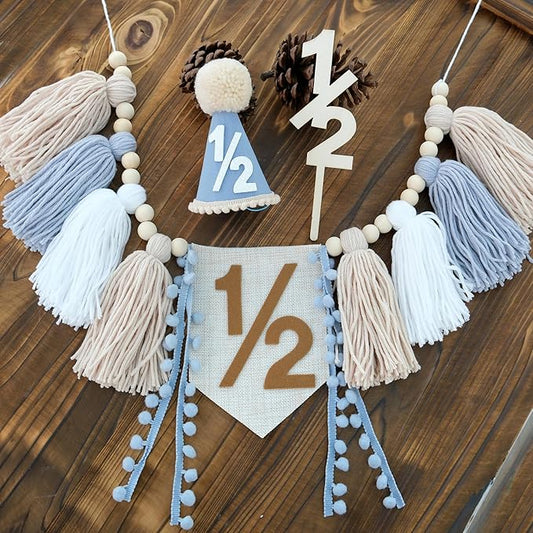 Half Birthday Boy Decorations Blue 1/2 Birthday High Chair Banner With Cone Hat Half Cake Topper Half Way to One Decorations Kit for Baby Boy Happy 6 Month Party Photoshoot Props