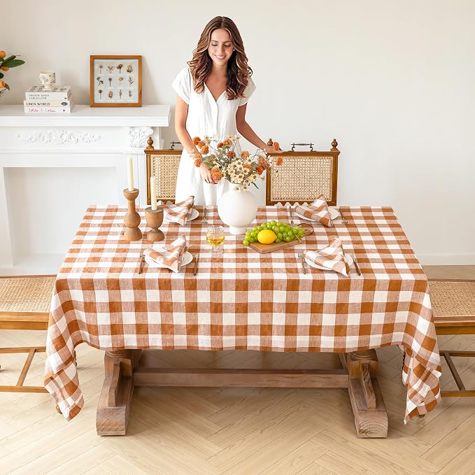 Linen World Gingham Tablecloth – Buffalo Plaid Linen Tablecloth 132" x 90" Inch,100% French Flax Table Cloth for Dining Table,Weddings,Thanksgiving & Christmas Decor,Rust Checkered