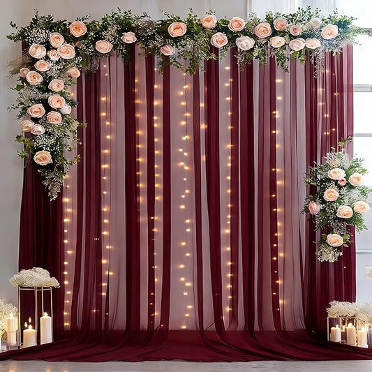 30×10ft Burgundy Tulle Backdrop Curtain with Lights String for Parties, Sheer Photo Backdrop Curtains for Wedding Party Photography Background
