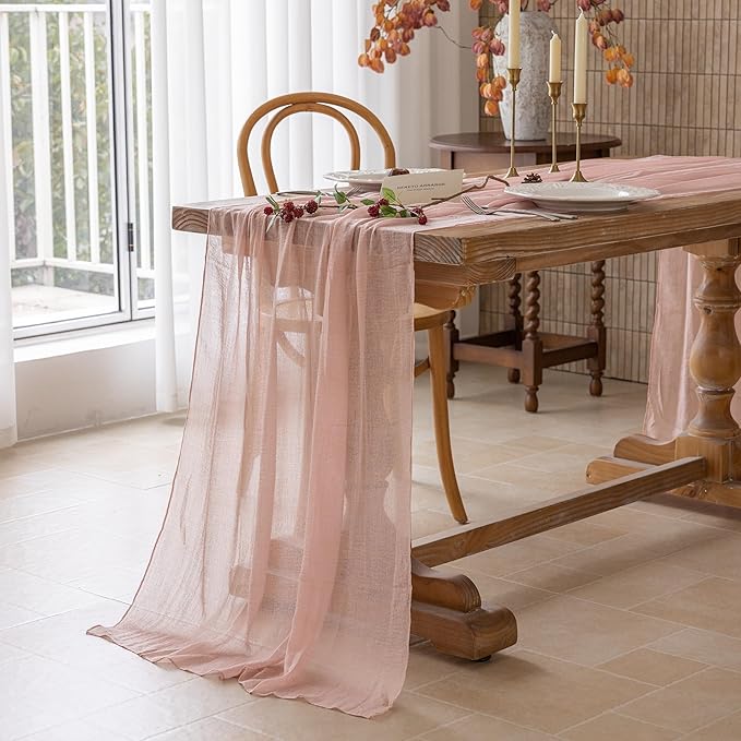 Keketoarrange Dusty Pink Mothers Day Table Runner Cheesecloth Gauze Rustic 120 Inch 10 FT for Wedding Baby Shower Bridal Shower Birthday Engagement Party Long Sheer Boho Spring Summer Home Decorations