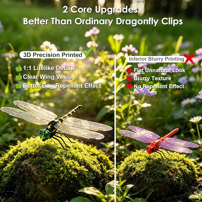 12 Pack 3D Dragonfly Clips, Fake Dragonflies with Stakes, Realistic Plastic Dragonfly Garden Decorations, Fly Deterrent Clips for Hats, Pets, Horses, Deer, Yard, Patio, Indoor & Outdoor Decor