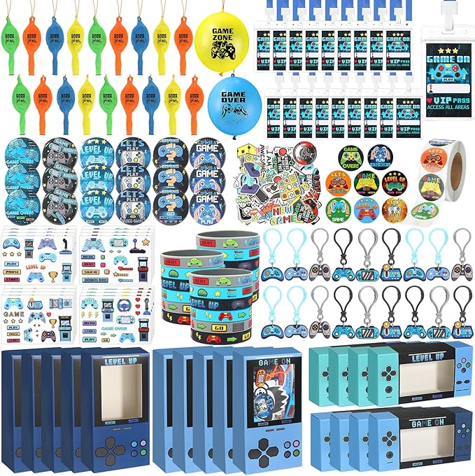 195 Pcs Video Game Party Favors for Kids Gamer Goodie Bag Stuffers Gaming Birthday Party Supplies with Gift Boxes, VIP Pass, Balloons, Bracelets, Keychains, Badges, 3D Stickers (Blue)