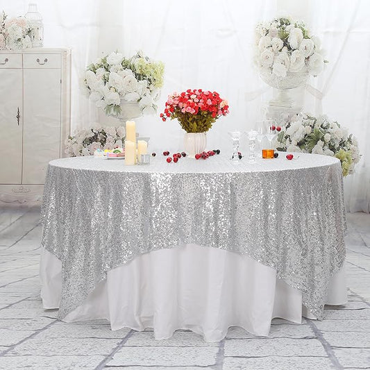 PartyDelight Silver Sequin Tablecloth Square Sparkly Table Cloth Overlay 90"x 90"