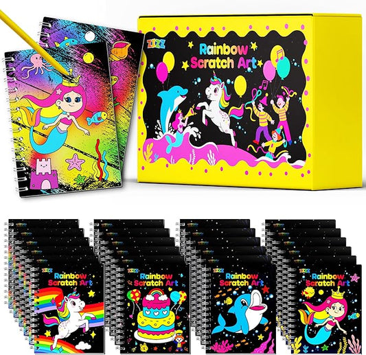 ZIZZ Scratch Art Party Favors for Kids 4-10: 24 Pack Rainbow Scratch Notebooks Gifts Kits - Mess Free Coloring Books Birthday Goodie Bags Stuffers School Classroom Travel Games for Girls Boys Toddler