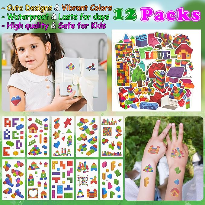 LINAYE 12 Packs Building Blocks Party Favors - 122 Pcs Birthday Party Favors Supplies with Goodie Bags, Animals Building Blocks, Notebooks, Tattoo Stickers Sheets Gift Bag Stuffers for Kids