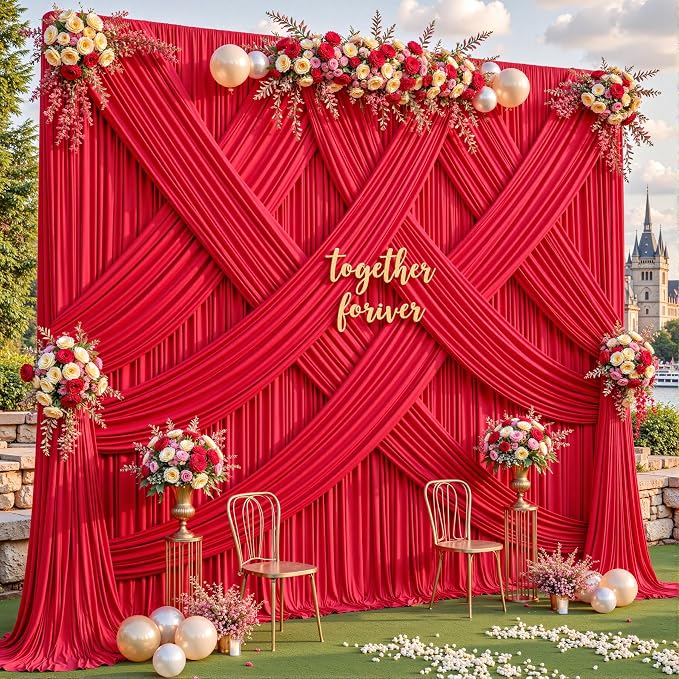 6 Panels Red Backdrop Curtains - Wrinkle Free Fabric Backdrop Curtain for Photoshoot, 10FT Wedding Party Photo Backdrop Drapes for Birthday Baby Shower Photography Stage Background Decorations