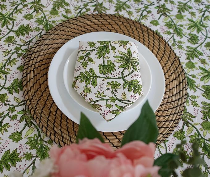 Light Green Block Print Table Cloth- 60x120 Inch Rectangle 100% Cotton Handmade Pre-Shrink, Washable for Spring, Kitchen & Dining Perfect for Chirstmas Patio, Indoor & Outdoor, Farmhouse